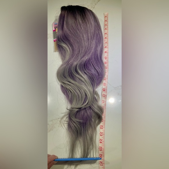 HAIR, 26” long, straight, center part, med brown/gray/lavender shades - Picture 8 of 10